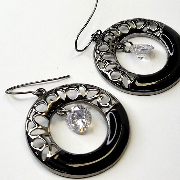 Black Filigree Round Earrings Black and Silver tone Dangle Earrings - Picture 9 of 11